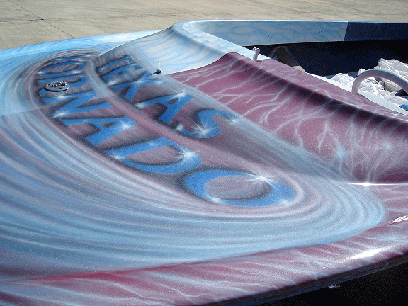 Jet boat airbrushed with Red Wine Candy, Electric Blue, Silver Platinum Illusion Pearls.